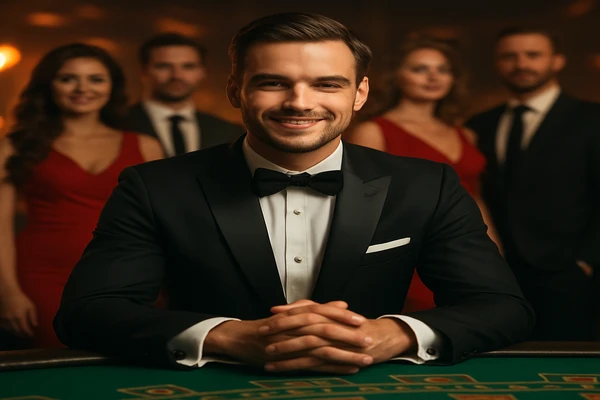 নিয়ন আলোয় সজ্জিত আধুনিক ক্যাসিনো পরিবেশে মার্জিত উপস্থাপন