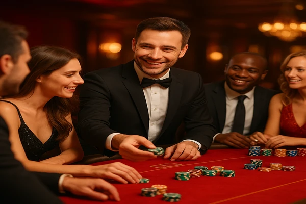 উজ্জ্বল আলোয় ভরা গেমিং পরিবেশে একটি আত্মবিশ্বাসী ডিলার ব্যবহারকারীদের কাছে a71 অ্যাকাউন্টে নিরাপদে প্রবেশের আহ্বান জানাচ্ছেন।